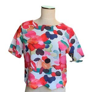 Shein Bright Floral Watercolors Crop Top Sz L Scalloped Hem 256F